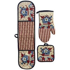 Americana Birdhouse 3 Piece Oven Mitt and Pot Holder Set in Red, White, Blue